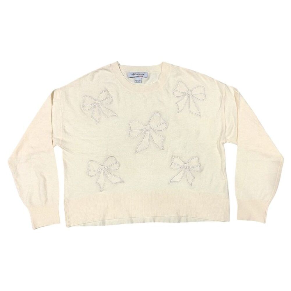 Bridgerton Women's Lace Bow Lightweight Regular Fit Crew Neck Sweater - Cream